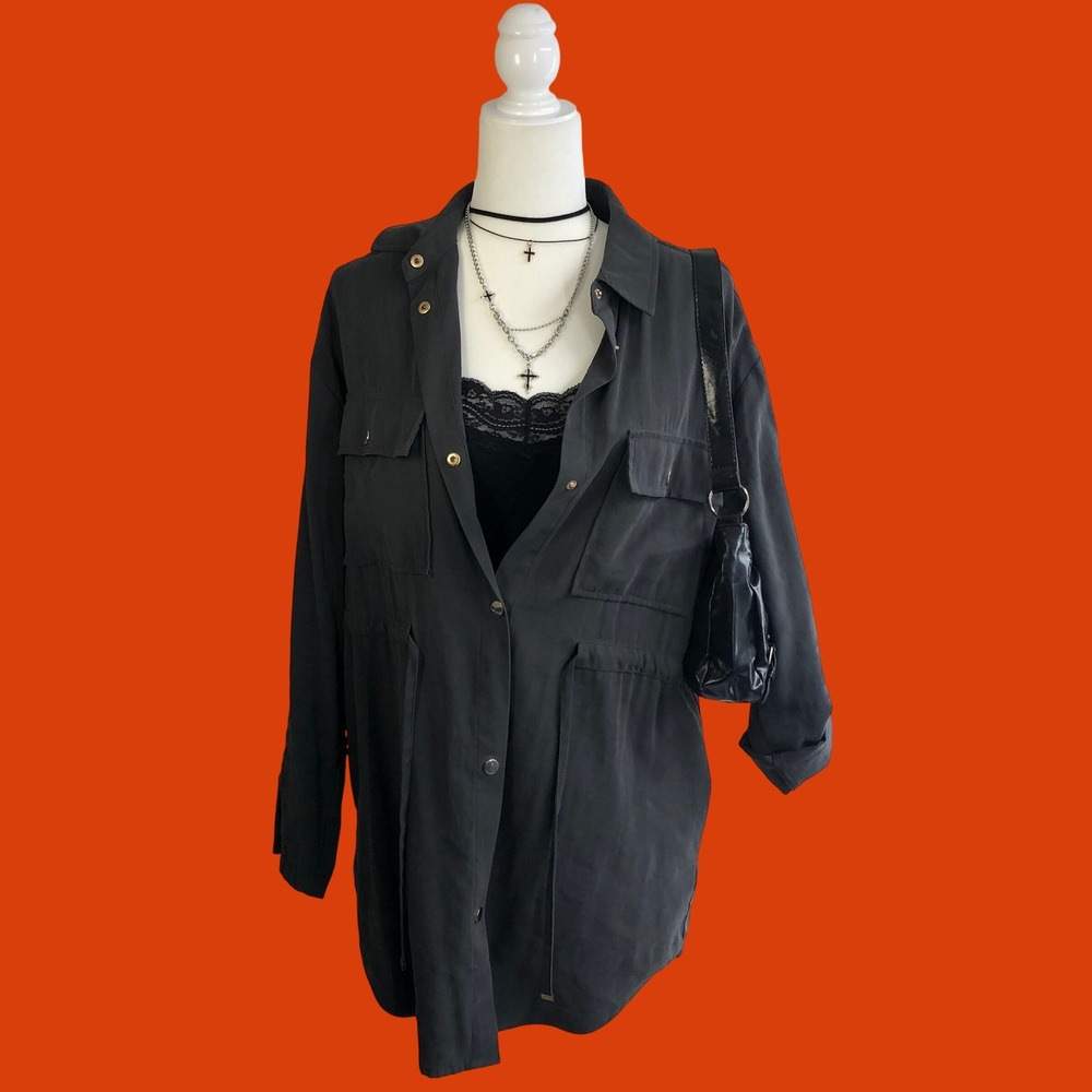 Zara Dark Gray Utility Cargo Shirt Jacket Drawstring Waist Shacket Womens M